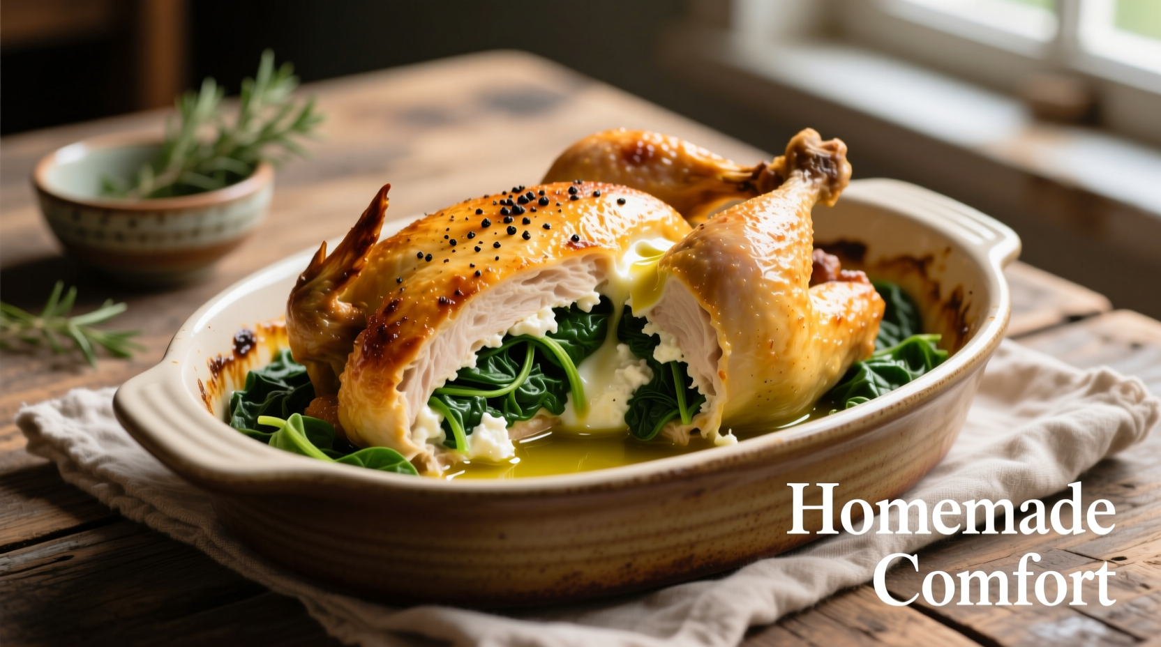 Golden baked chicken stuffed with spinach and feta