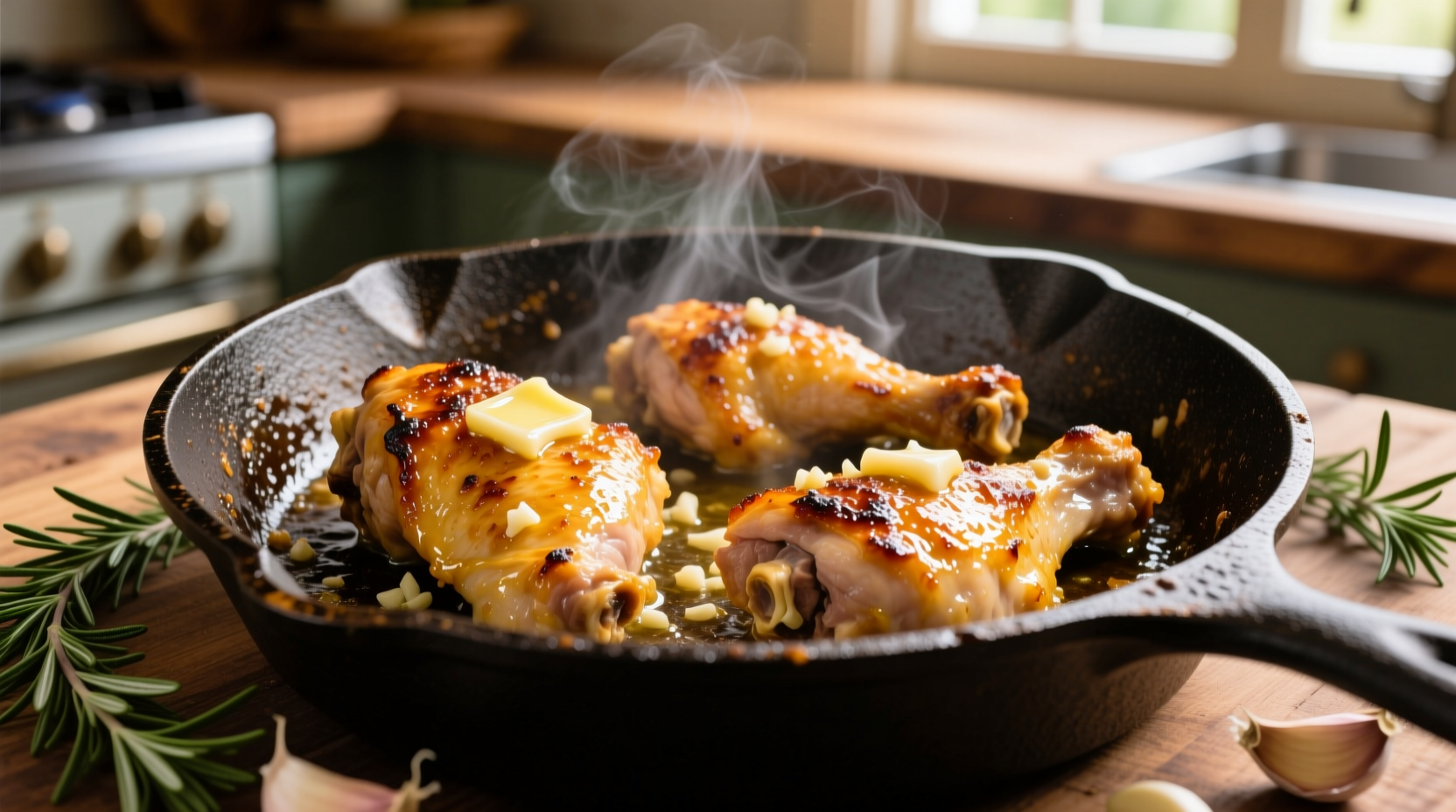 Golden garlic chicken thighs in cast iron skillet
