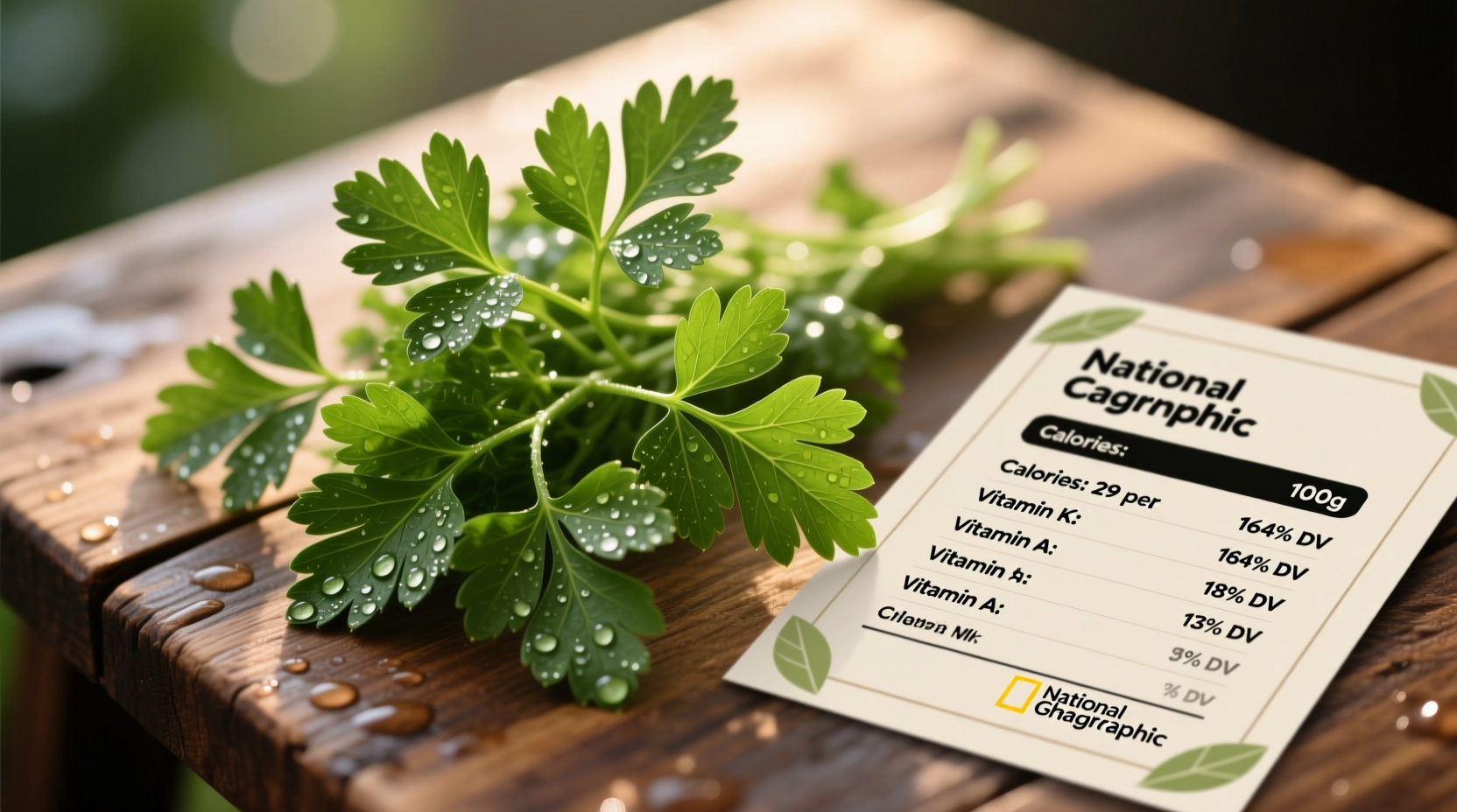 Fresh parsley sprigs with nutritional analysis chart