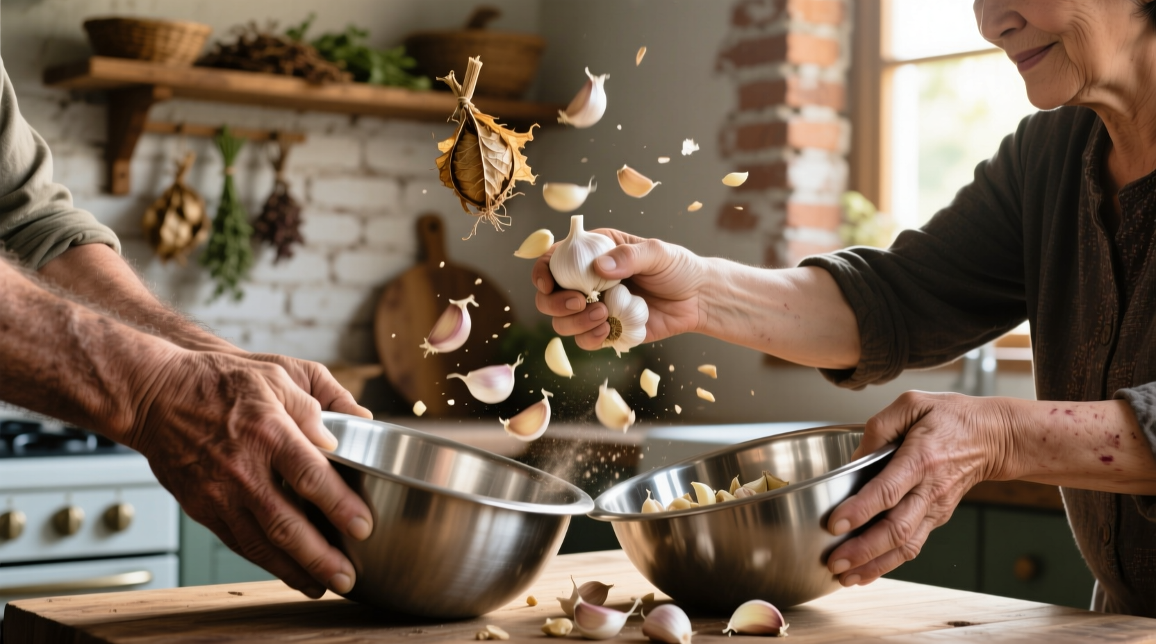 Two hands shaking garlic cloves between metal bowls