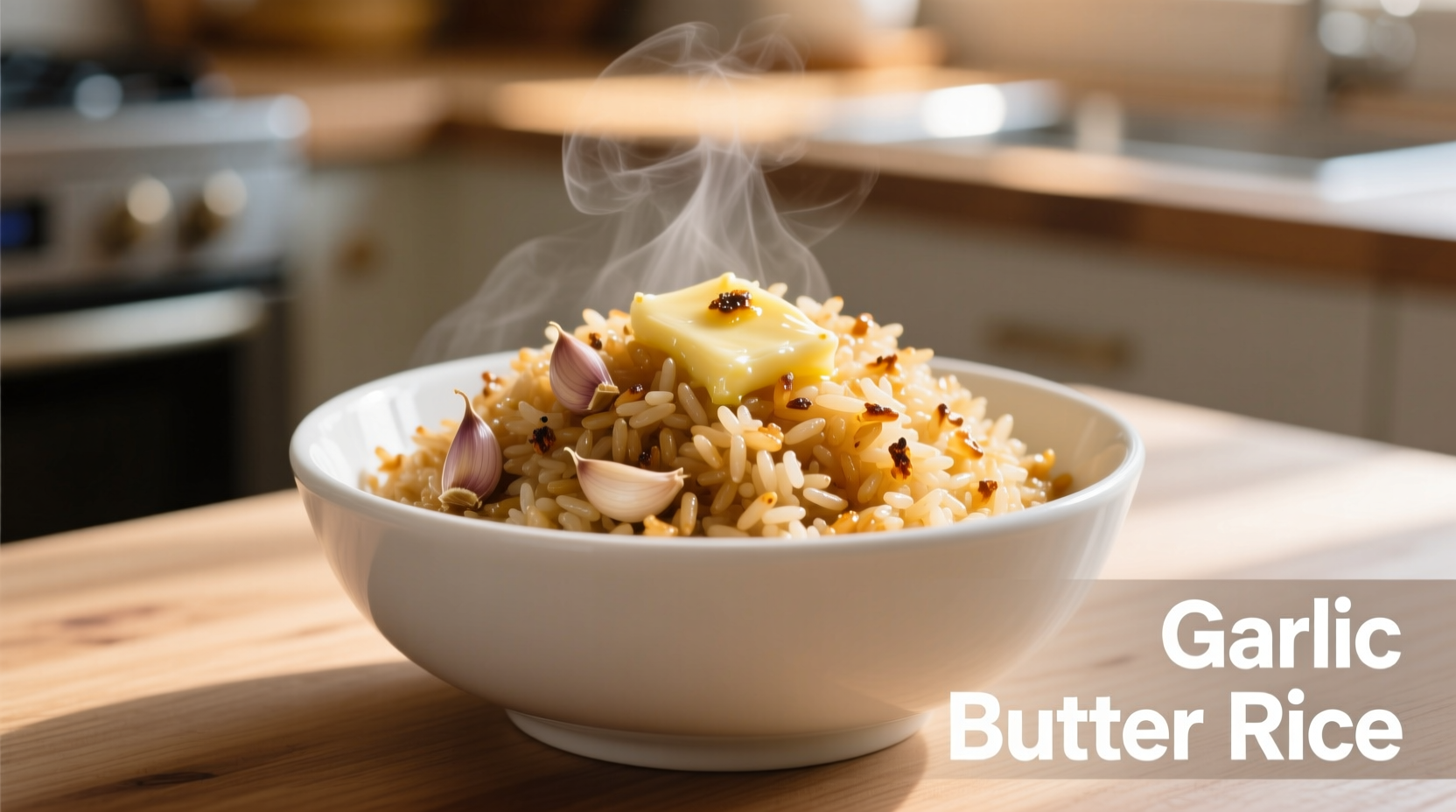 Perfectly cooked garlic butter rice in white bowl