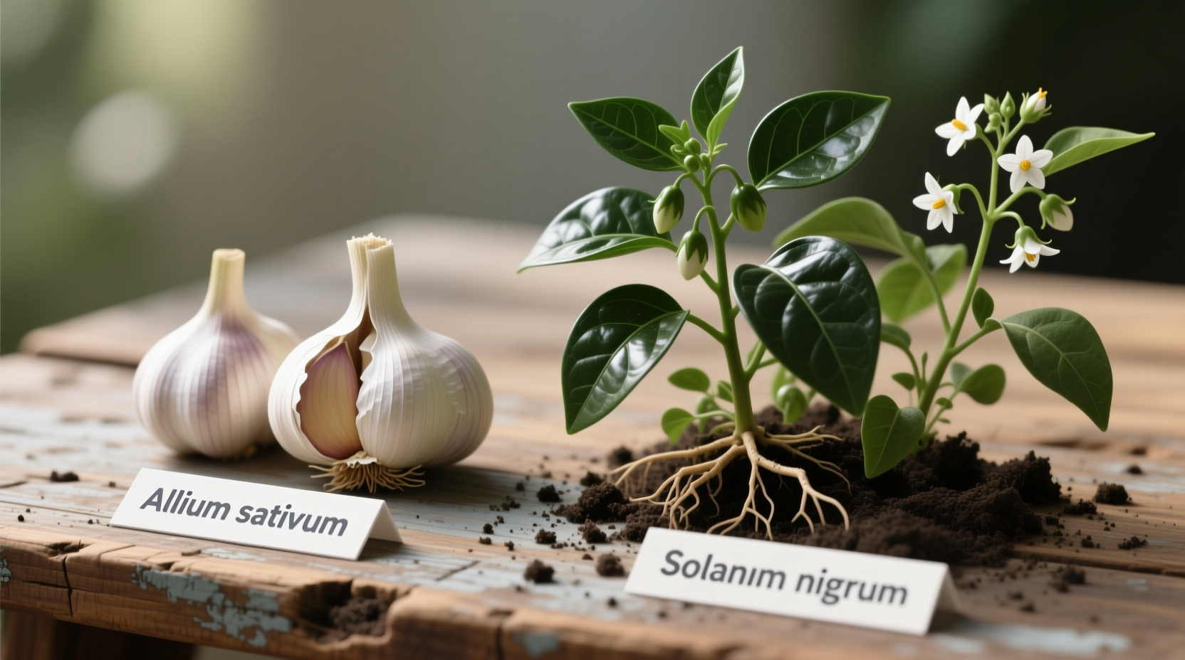 Garlic bulbs next to nightshade plants comparison