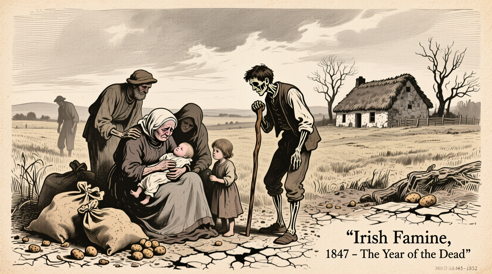 Historical illustration of Irish famine victims