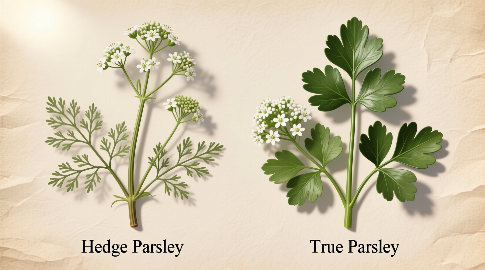 Side-by-side comparison of hedge parsley and true parsley plants