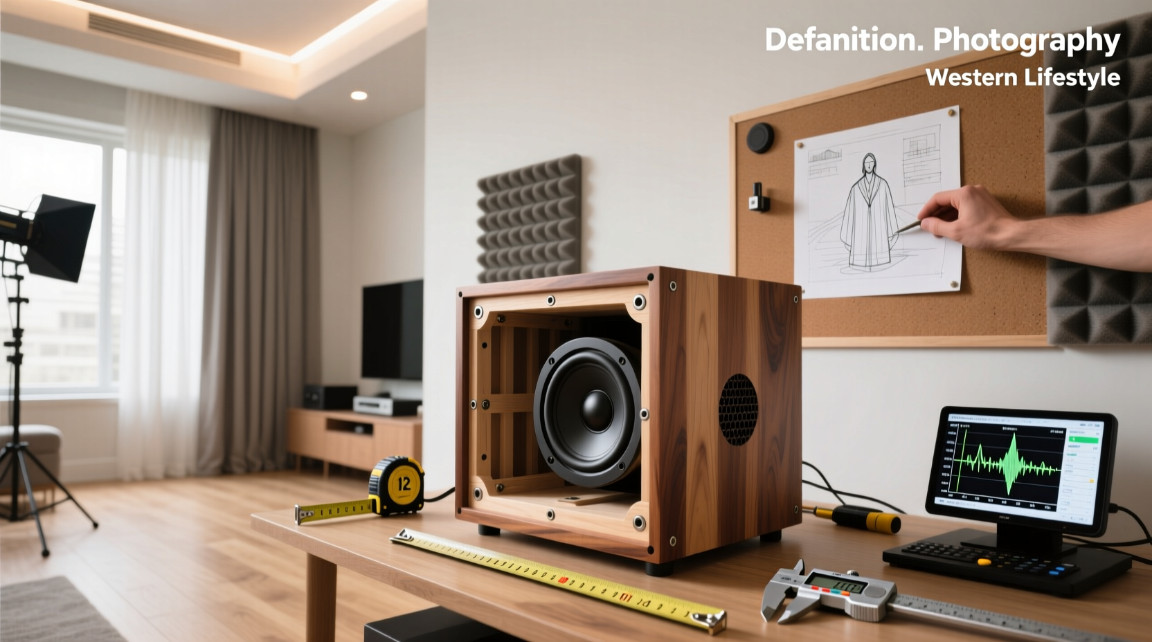 Measurement of a 12-inch subwoofer box showing internal dimensions and speaker cutout