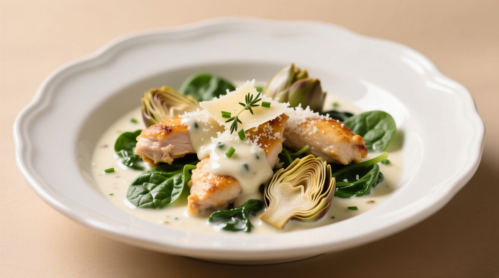 Creamy spinach and artichoke chicken in white dish