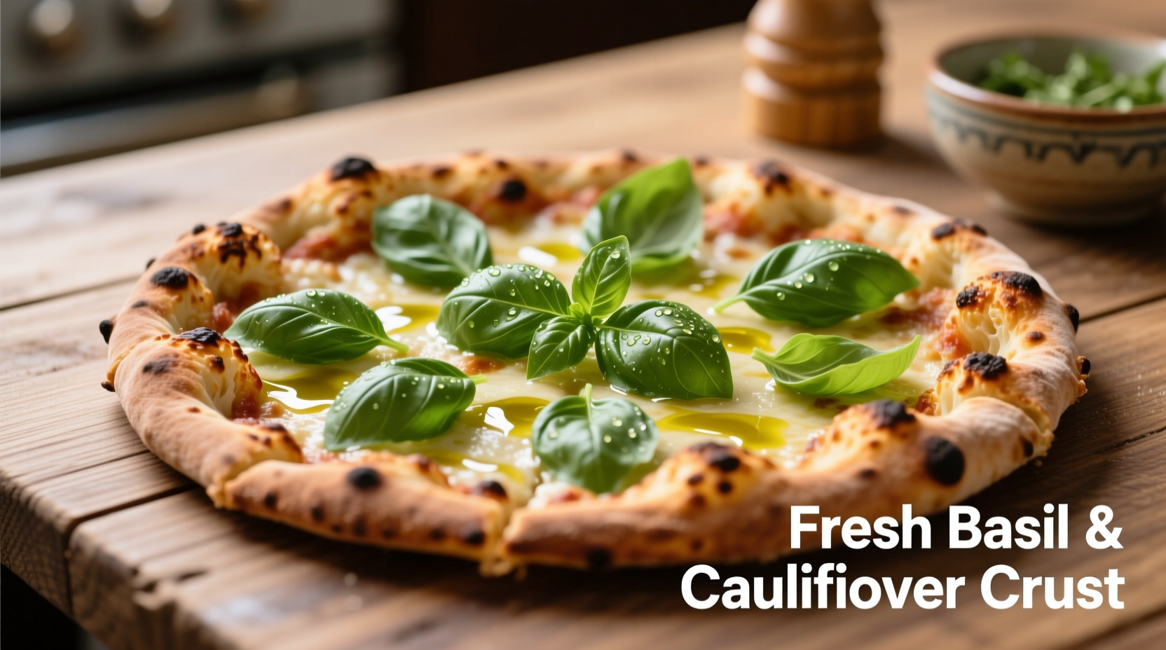 Golden brown cauliflower pizza crust topped with fresh basil