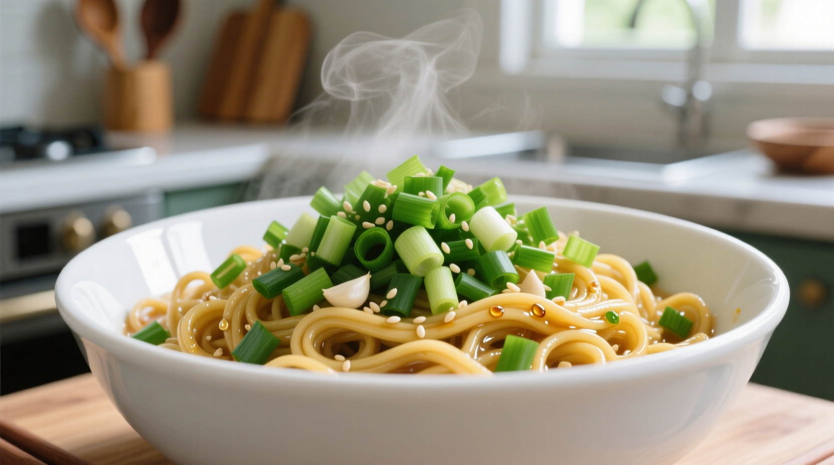 Fresh green onion garlic noodles in a white bowl