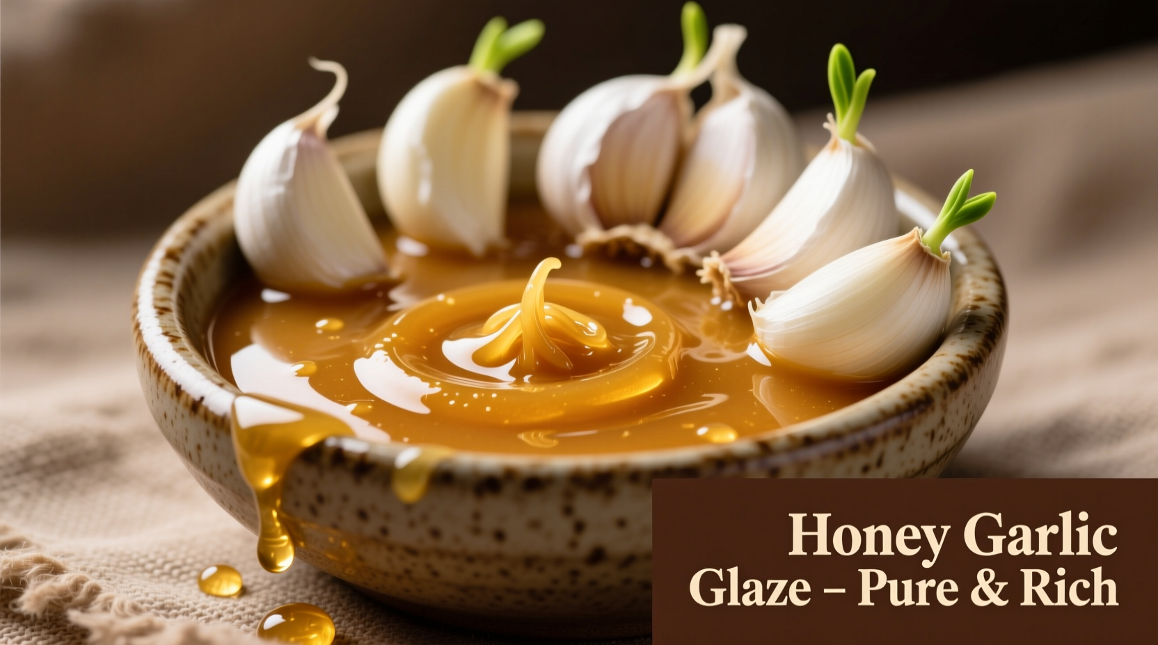 Golden honey garlic sauce in ceramic bowl with fresh garlic
