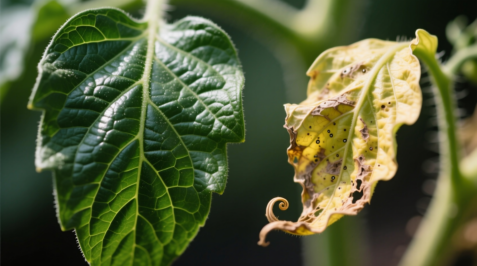 Close-up of healthy tomato leaves versus curled leaves