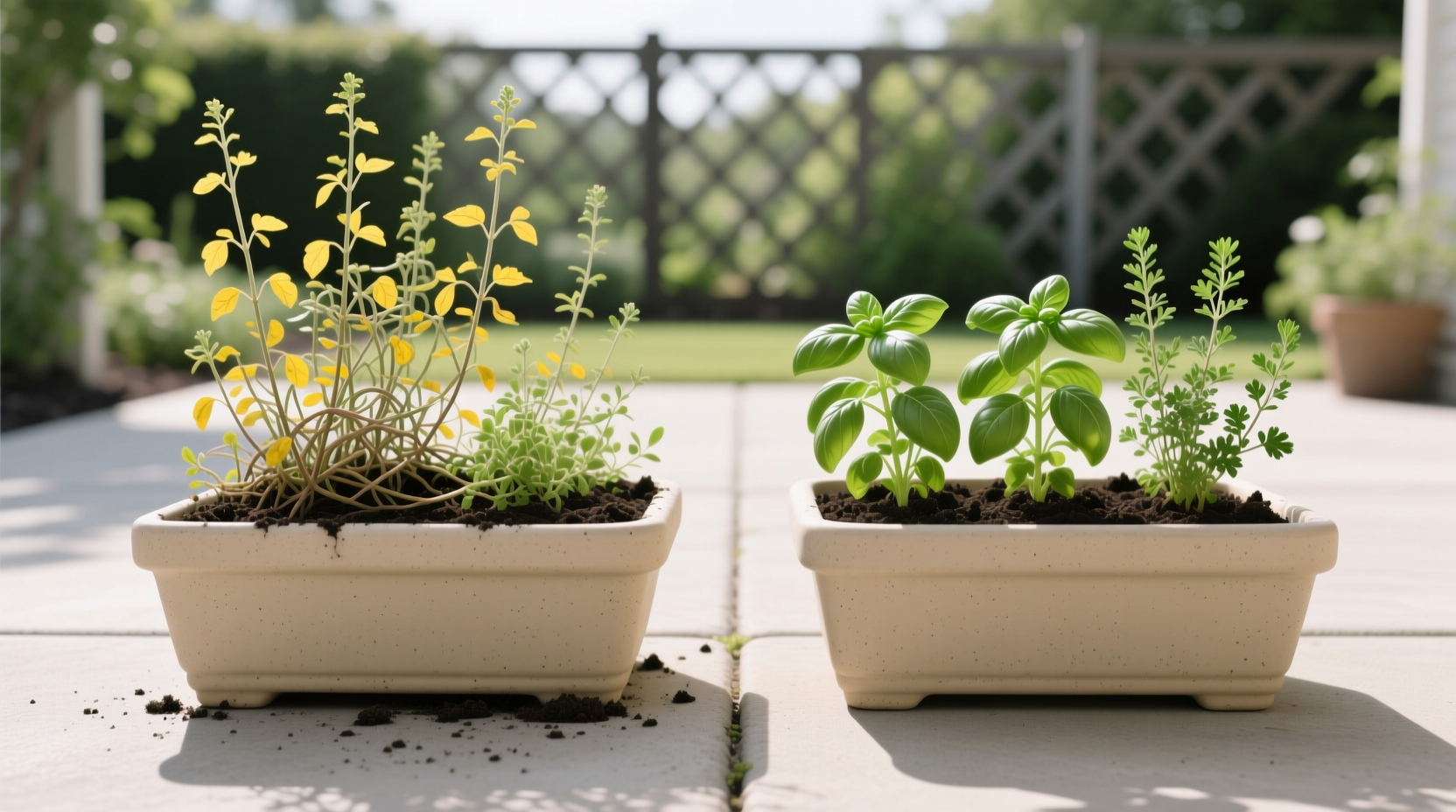 Side-by-side comparison: overcrowded container with yellowing leaves vs properly spaced plants in identical pots