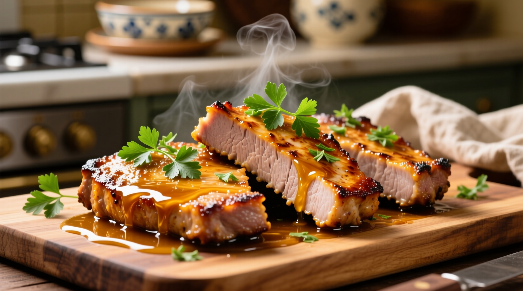 Golden honey garlic pork chops with fresh parsley garnish