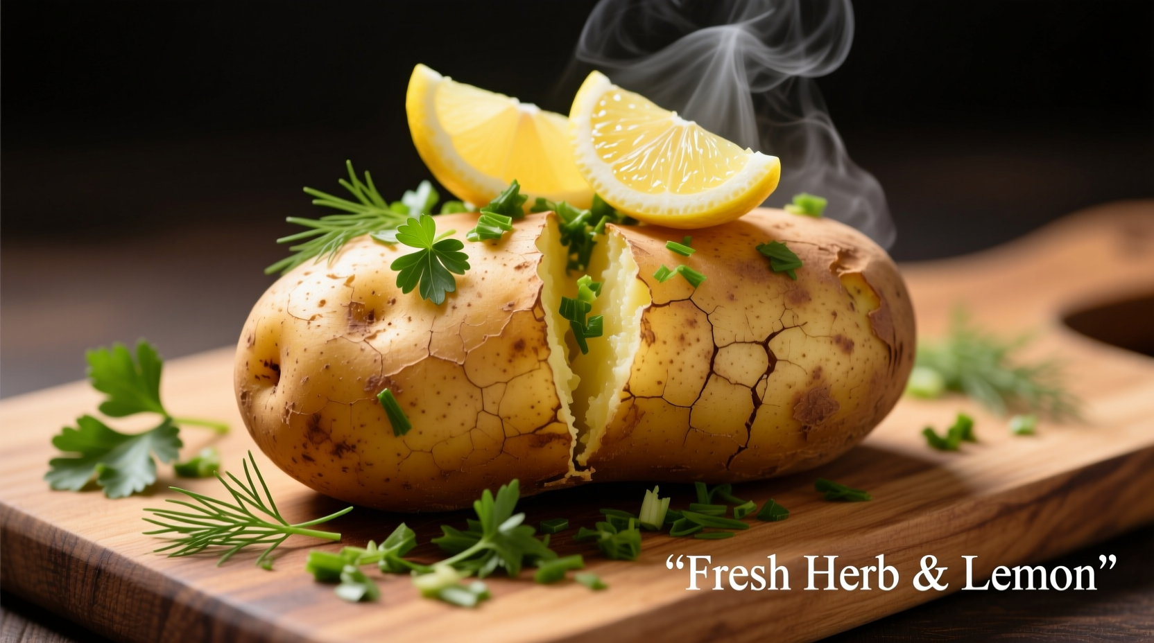 Baked potato with fresh herbs and lemon slices