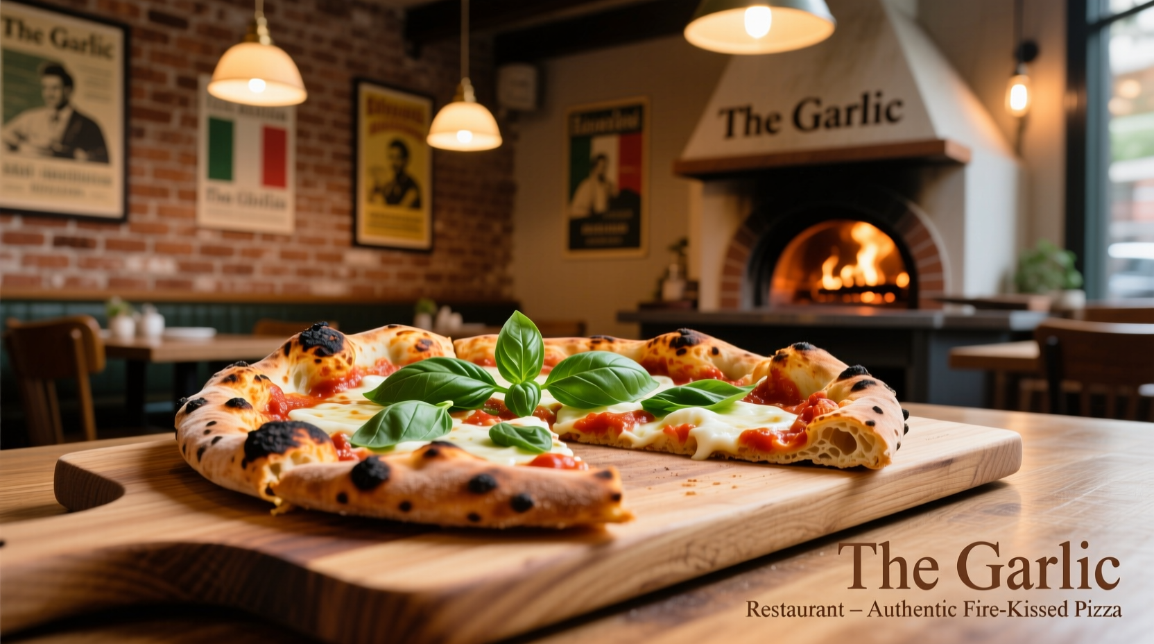Wood-fired pizza with fresh basil at The Garlic restaurant