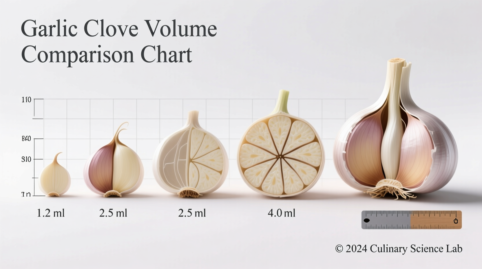 Garlic clove measurement comparison chart showing volume differences