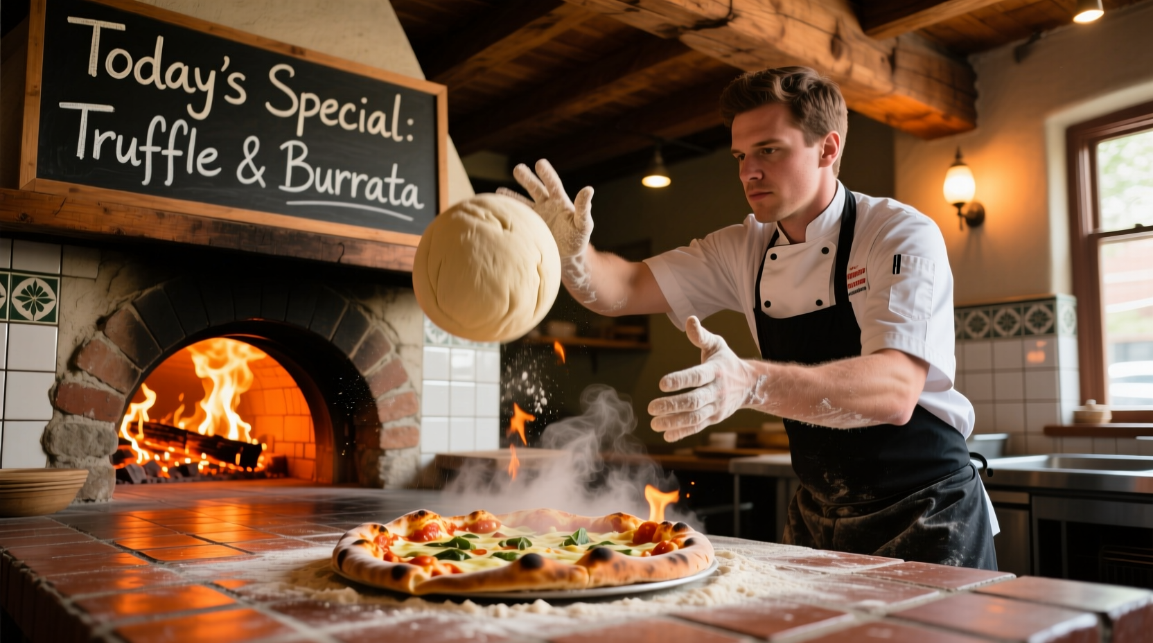 Wood-fired pizza being prepared at Tomato Brothers