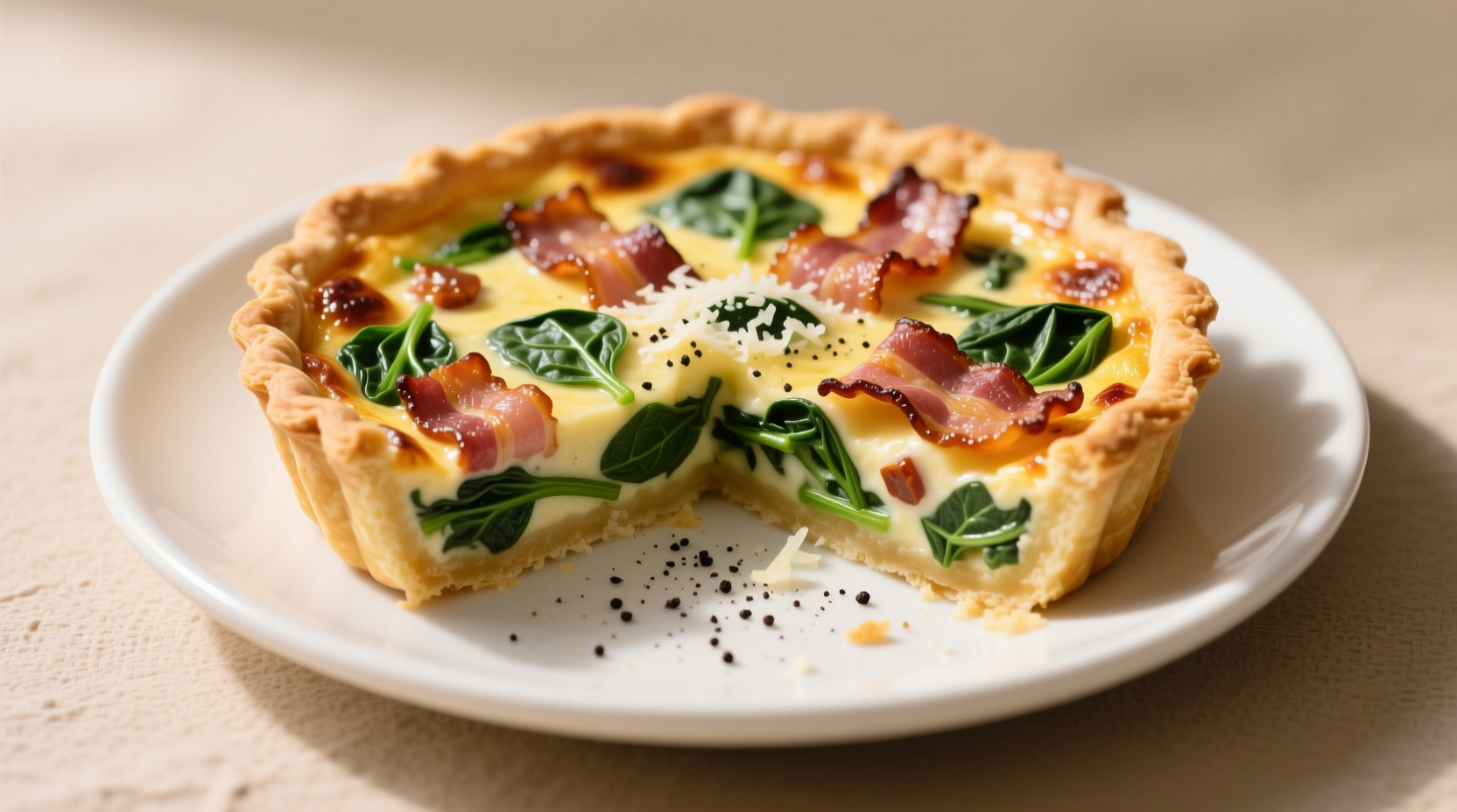 Golden spinach quiche with bacon served on white plate