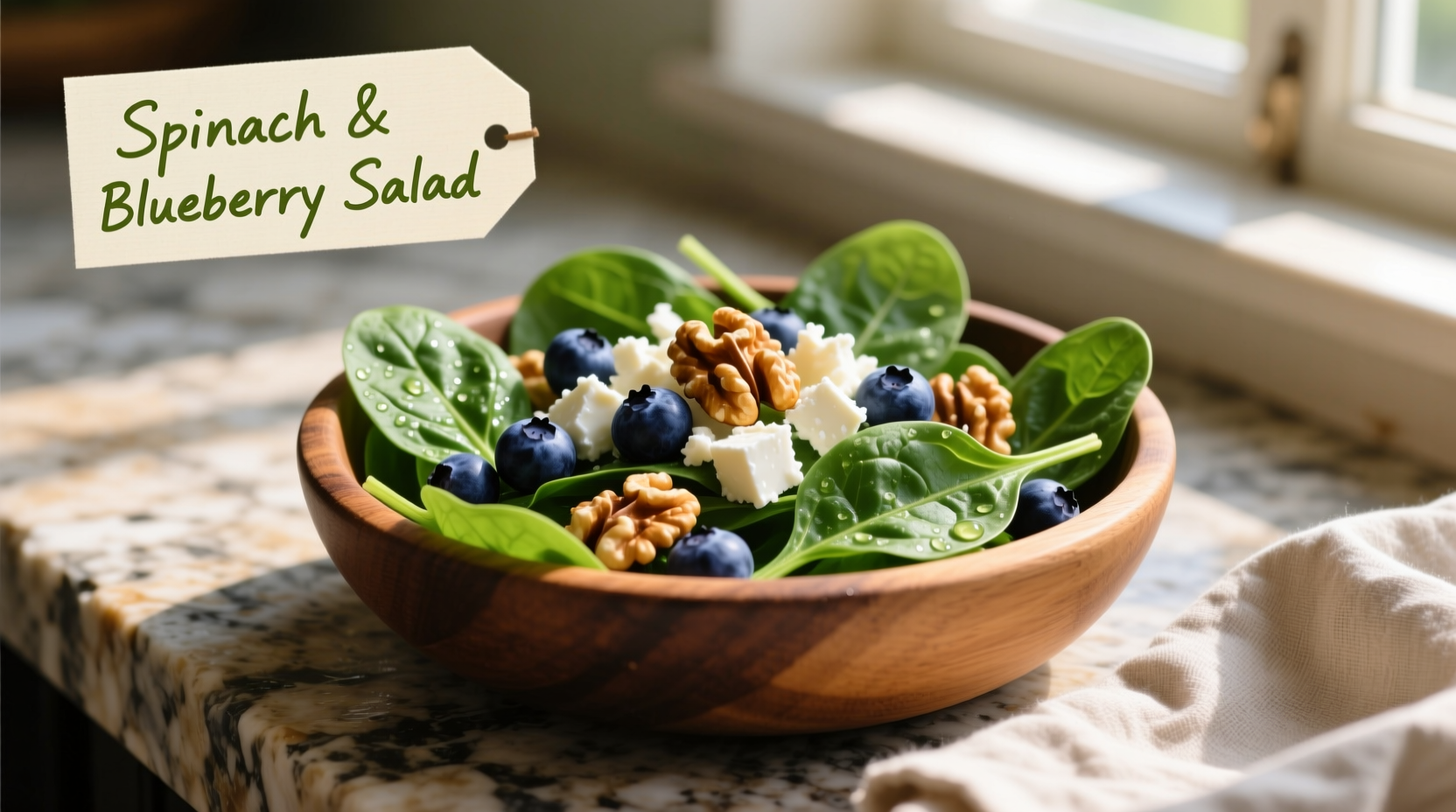 Fresh spinach blueberry salad with feta and walnuts