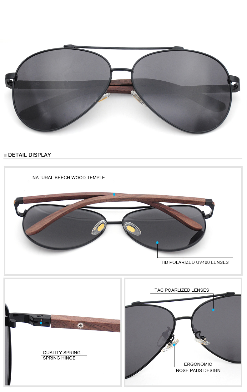 Bras en bois en metal classiques de la mode aor lunettes de soleil polarisees pour les hommes