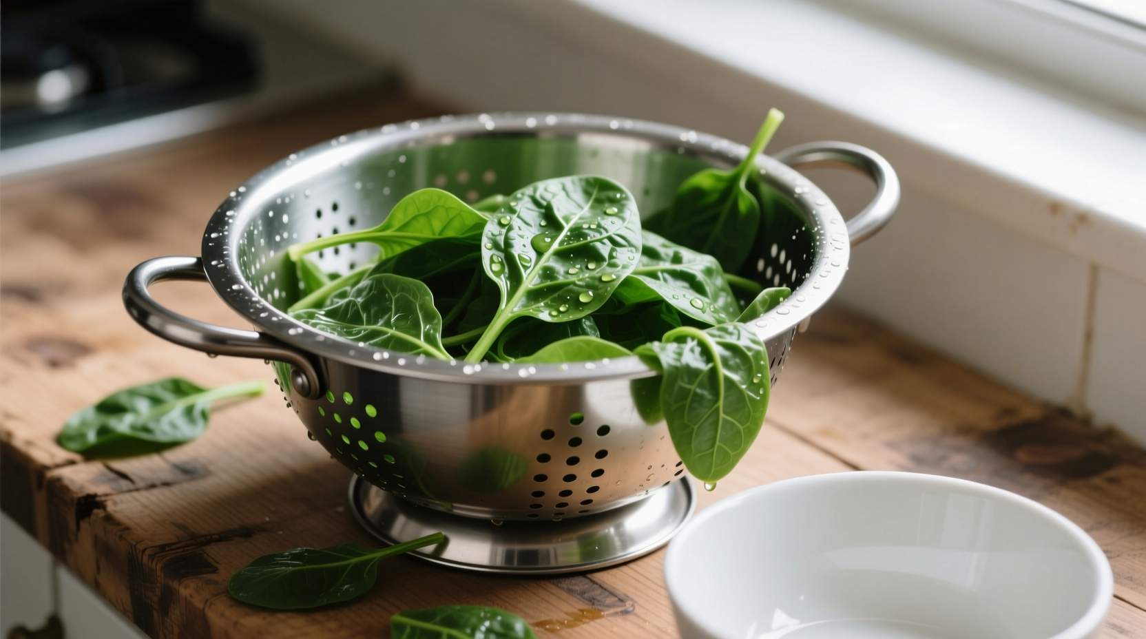 Drained canned spinach in a colander