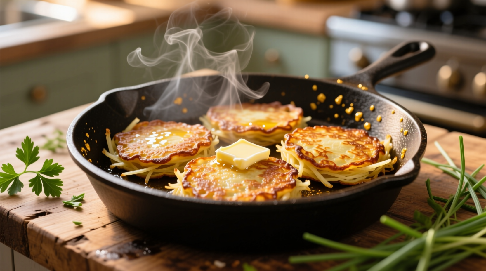 Golden brown potato pancakes sizzling in skillet