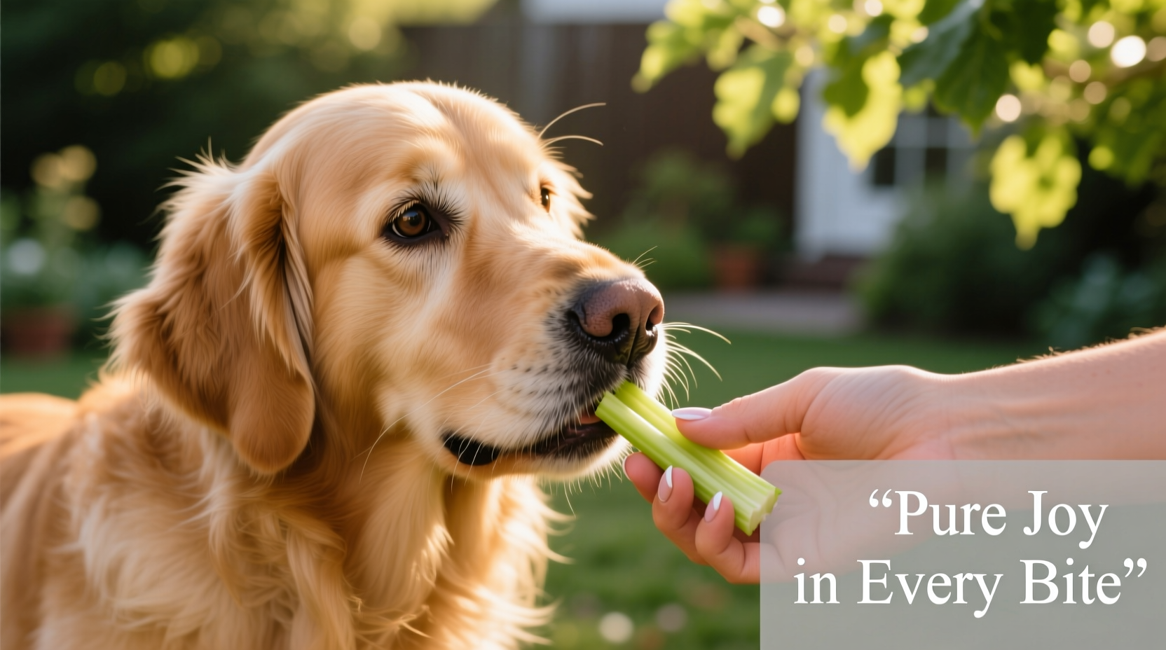 Golden Retriever carefully eating small celery pieces from hand