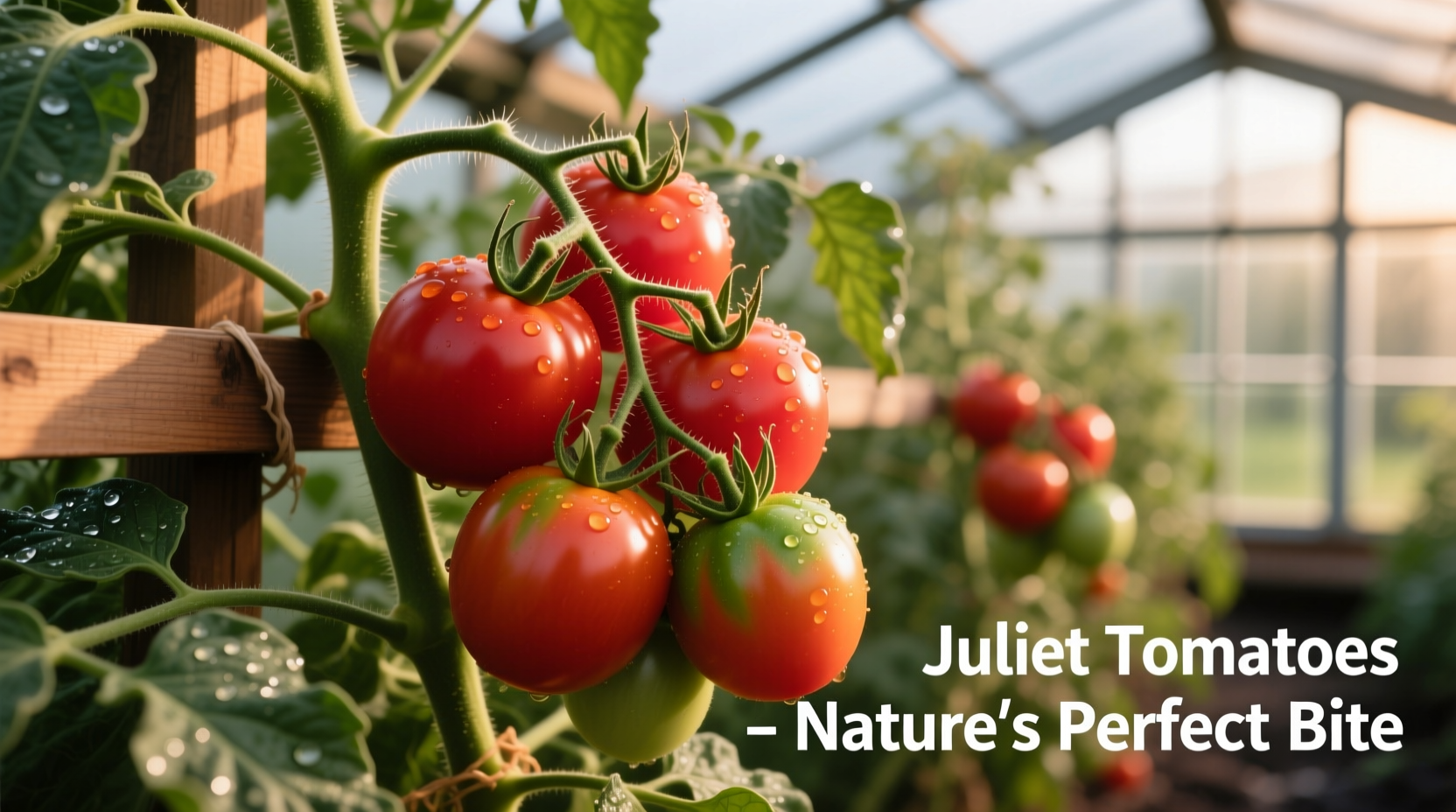 Juliet tomatoes on vine showing clusters of oblong fruits