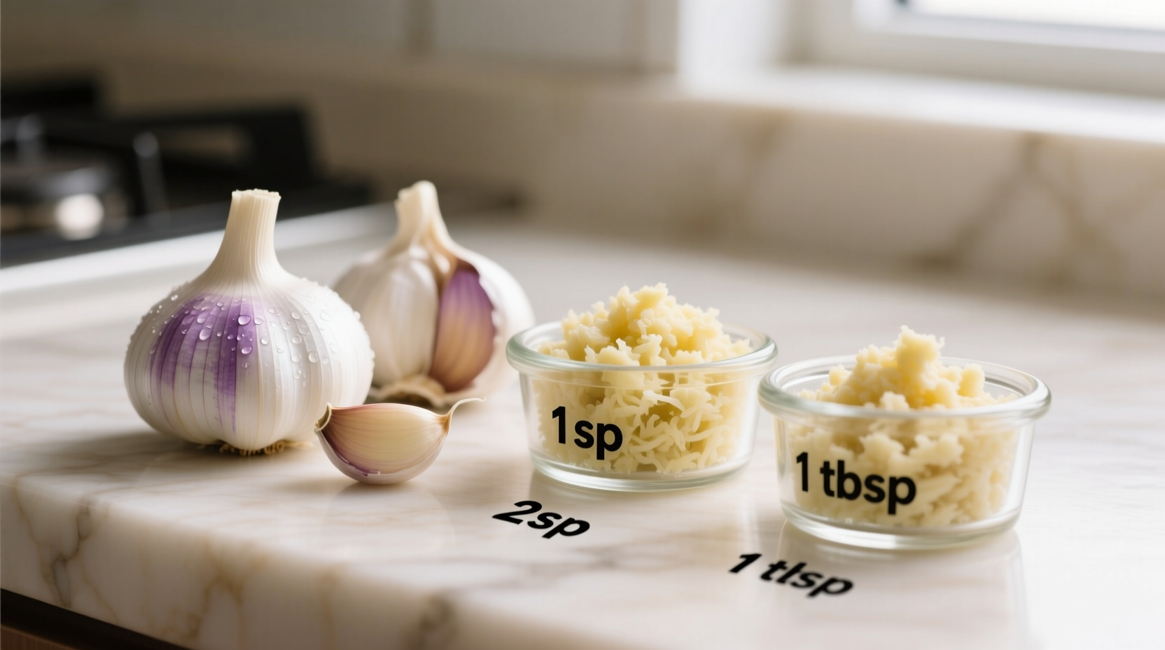 Fresh garlic cloves next to measured minced garlic portions