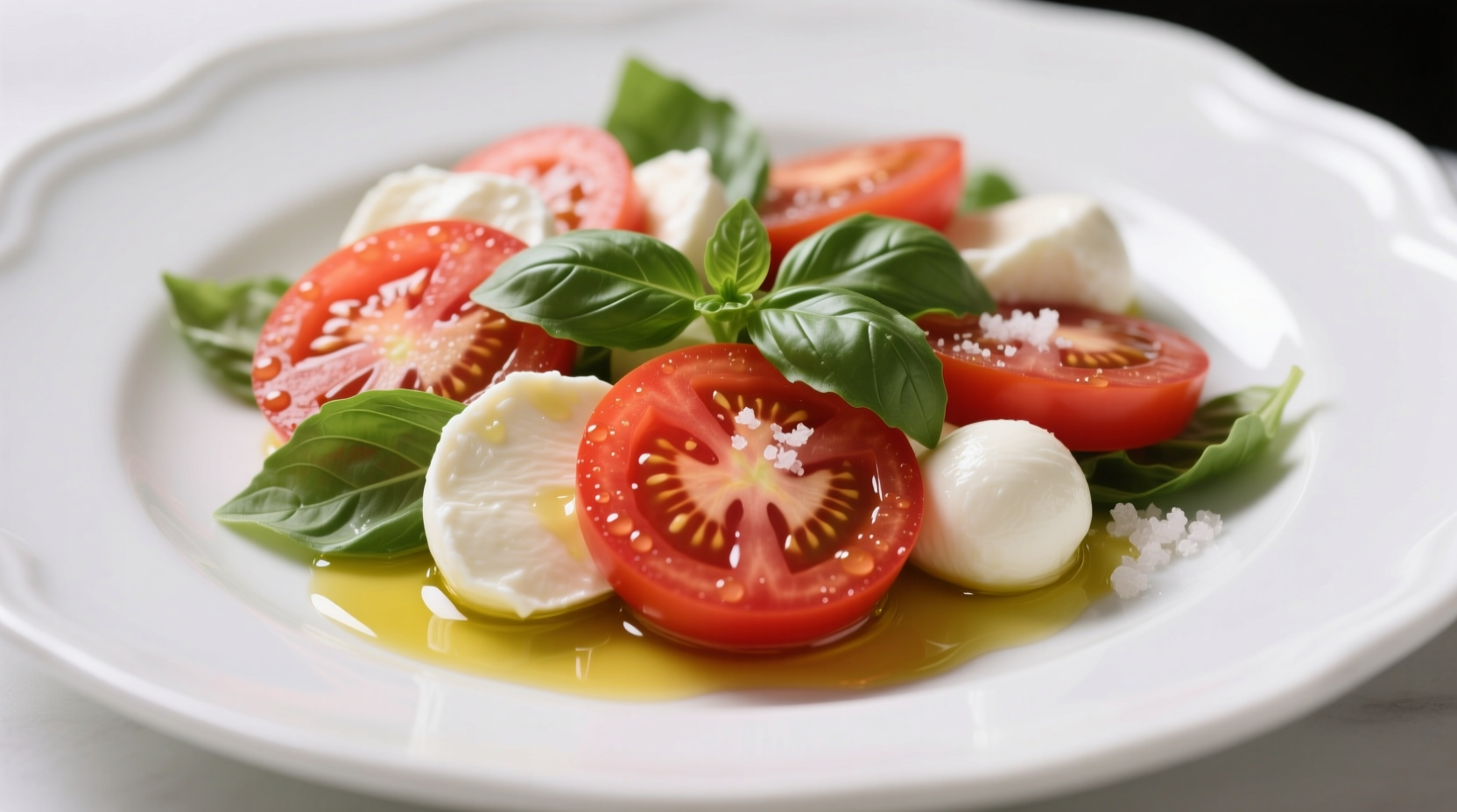 Fresh tomato caprese salad on white plate with basil garnish