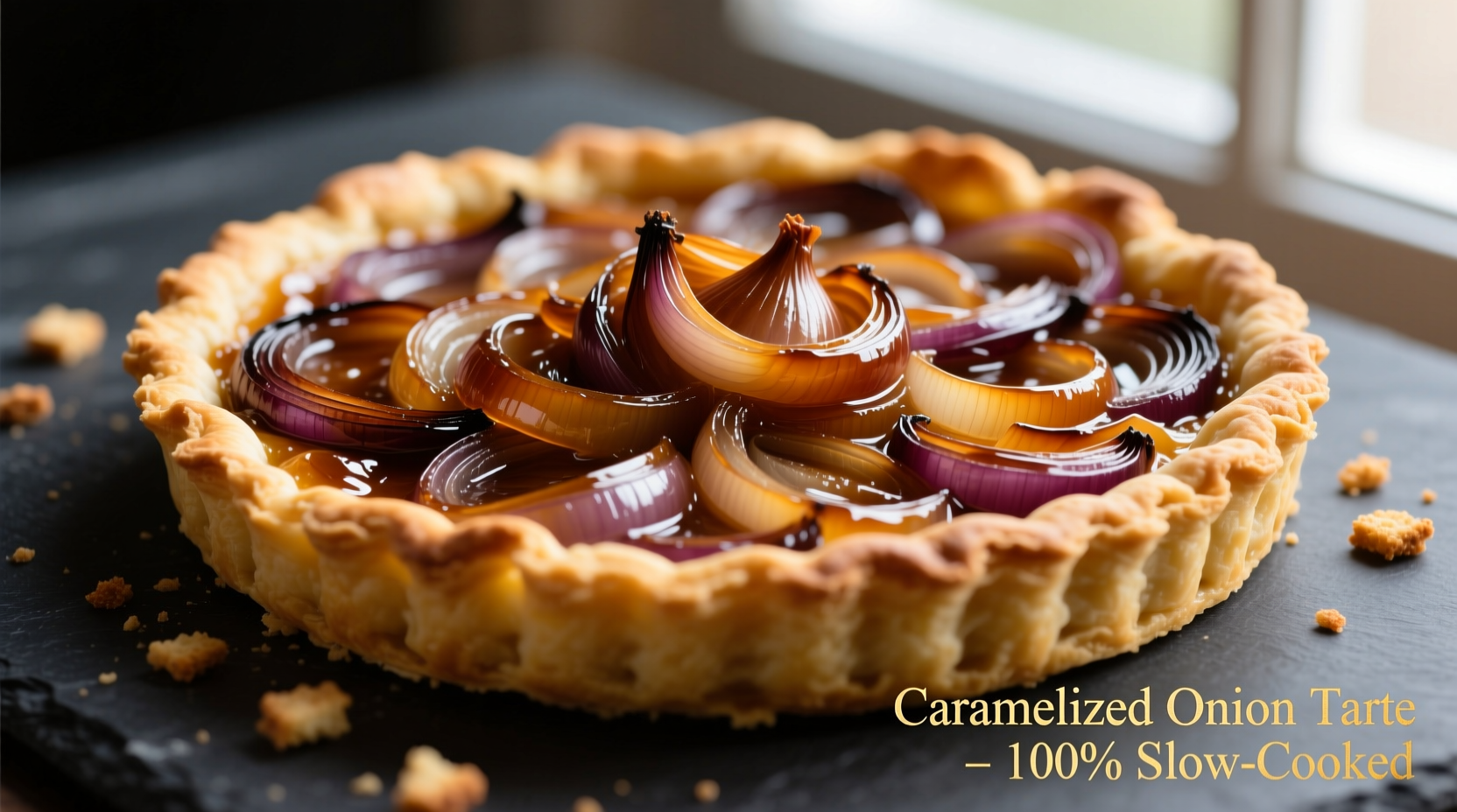 Golden brown onion tarte with caramelized onions