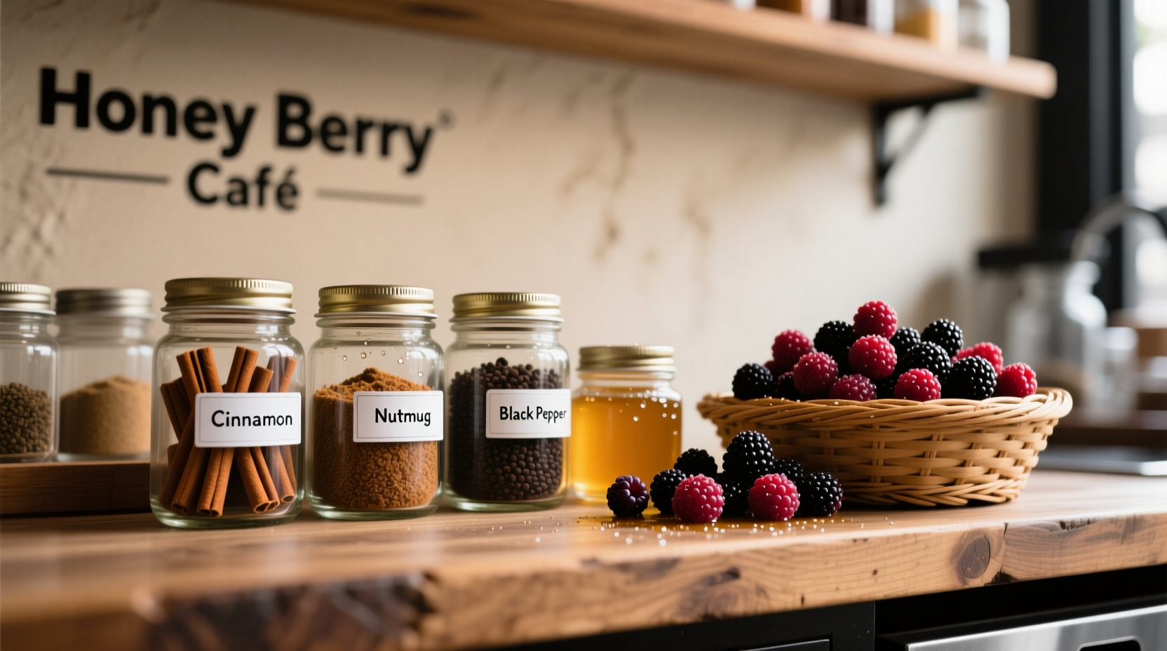 Honey Berry Cafe's spice station showing labeled jars of cinnamon, nutmeg, and black pepper alongside fresh berries