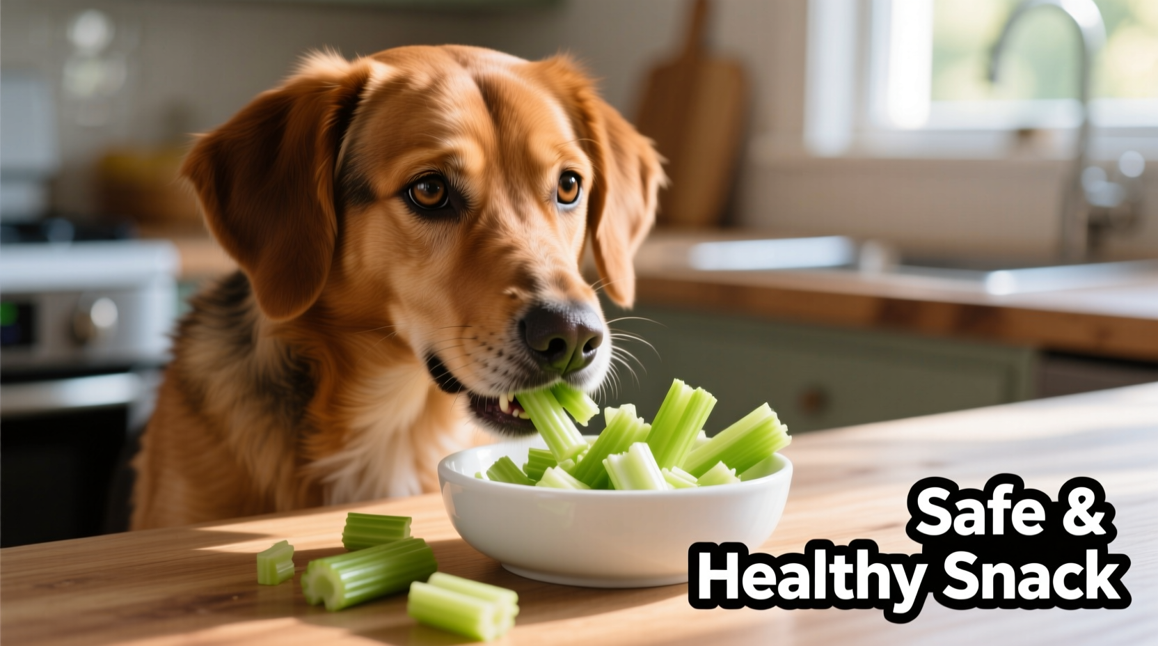 Dog safely eating chopped celery pieces