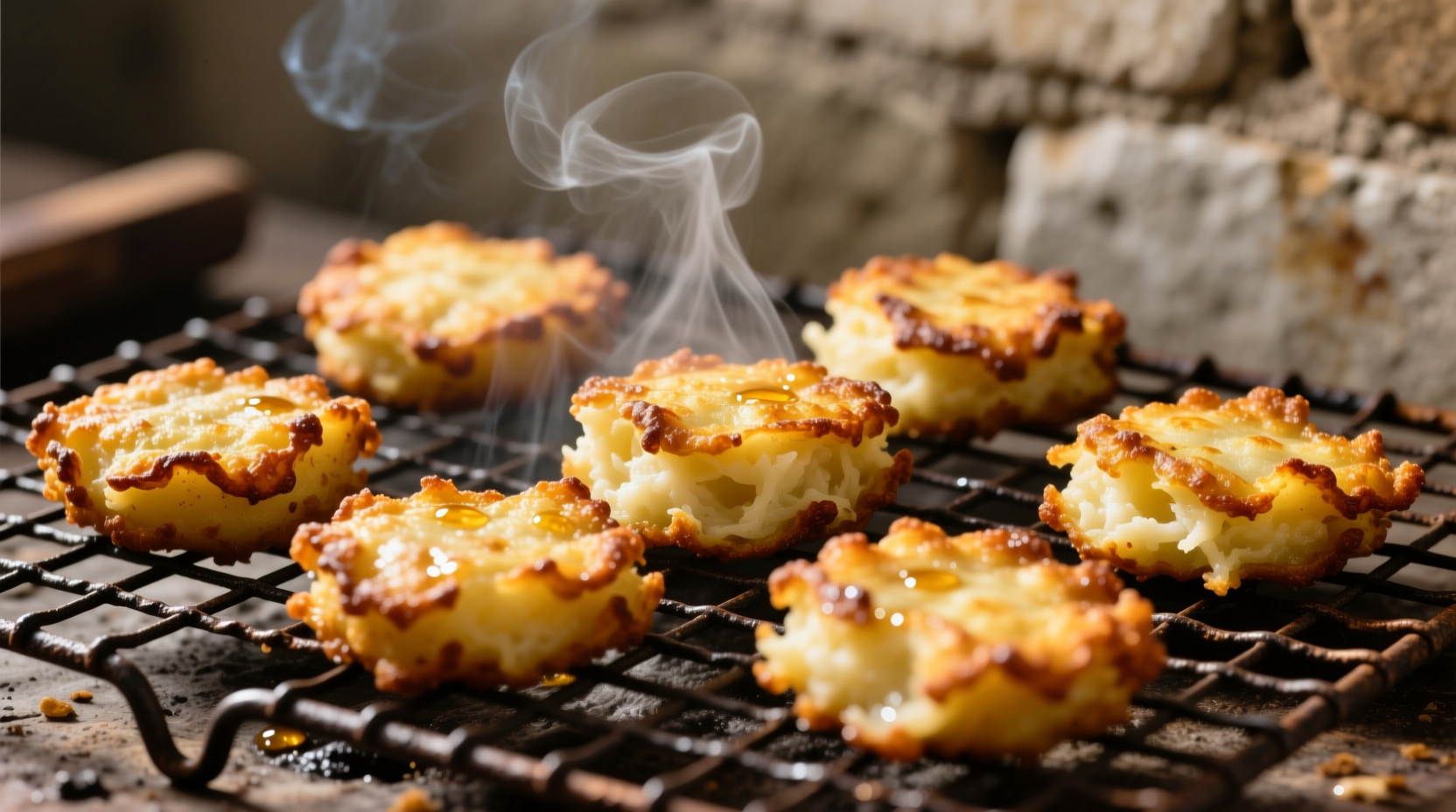 Golden brown mashed potato fritters on wire rack