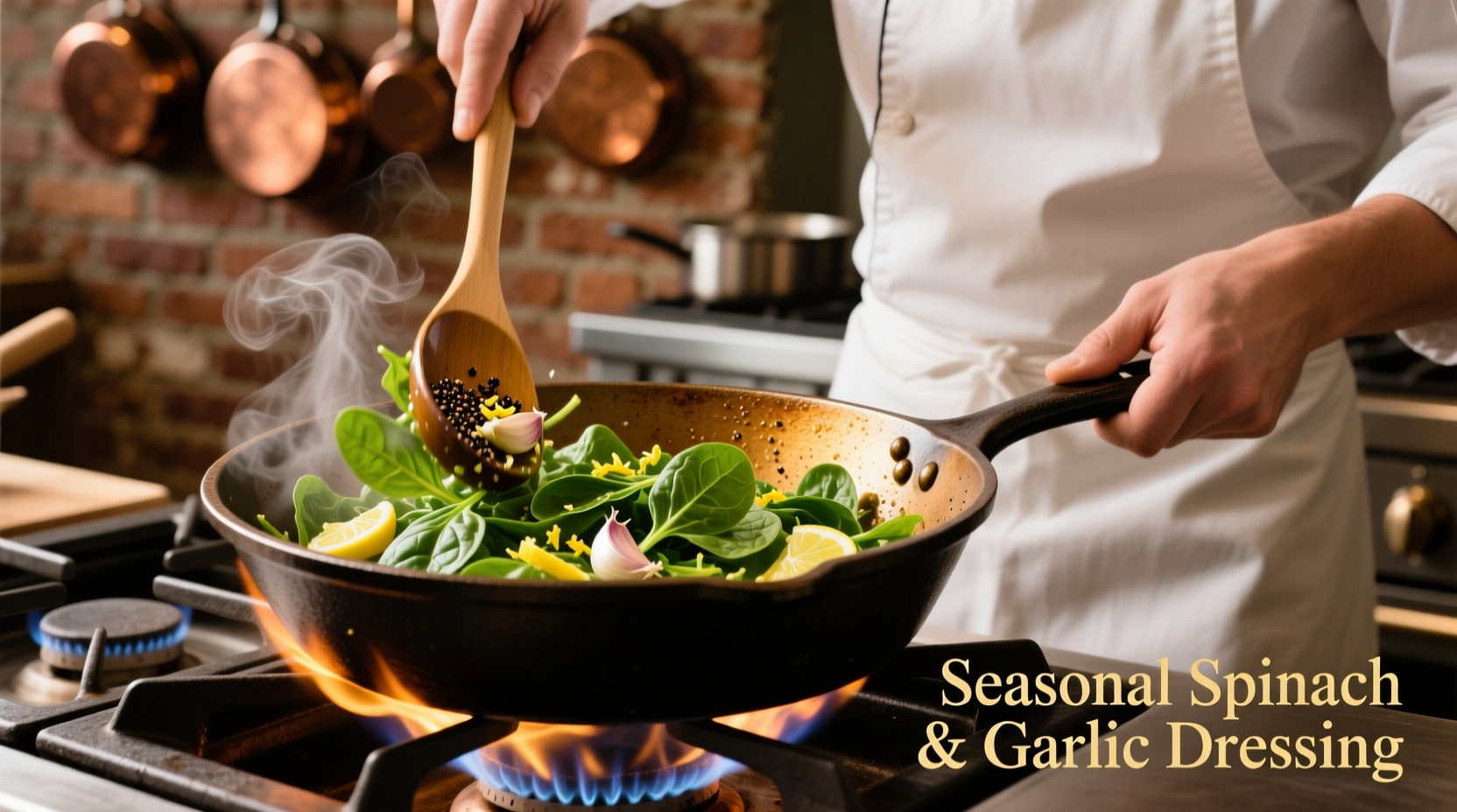 Chef preparing warm spinach salad dressing in cast iron skillet