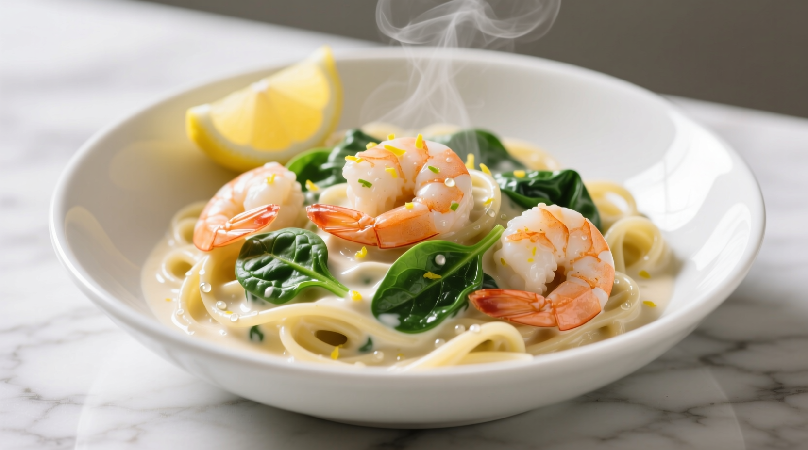 Creamy shrimp spinach pasta with lemon garnish in white bowl