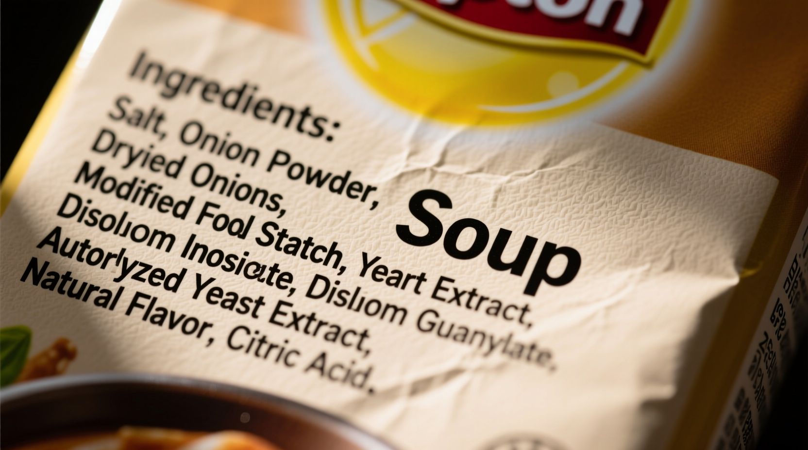 Close-up of Lipton onion soup mix ingredients label