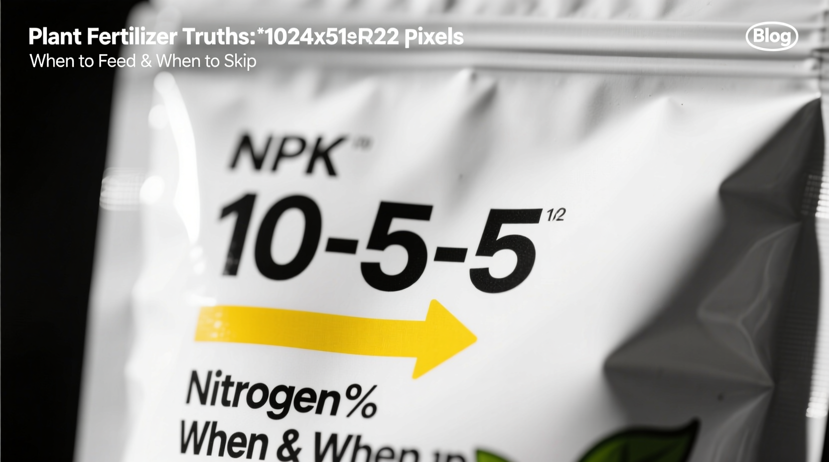 Close-up of fertilizer bag label highlighting NPK ratio 10-5-5 with arrows pointing to nitrogen percentage