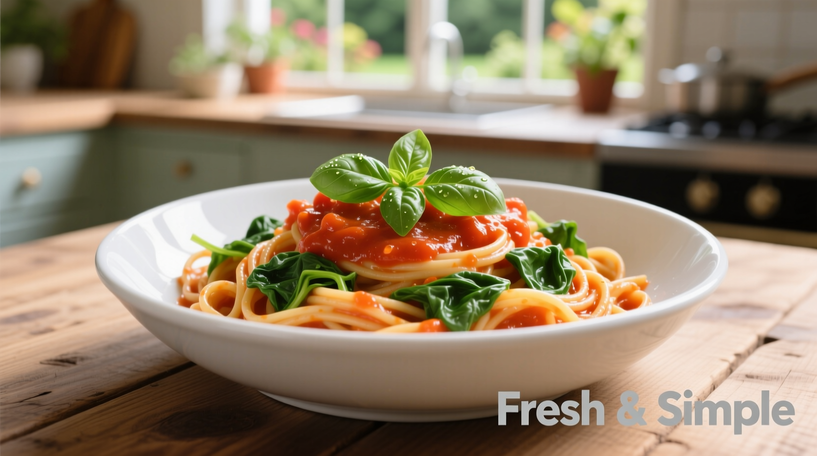 Creamy tomato spinach pasta in white bowl with fresh basil