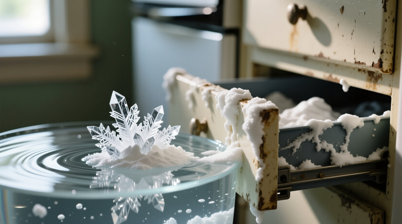 Close-up photo of baking soda crystals dissolving slowly in cold water beside a clogged detergent drawer with visible white residue buildup