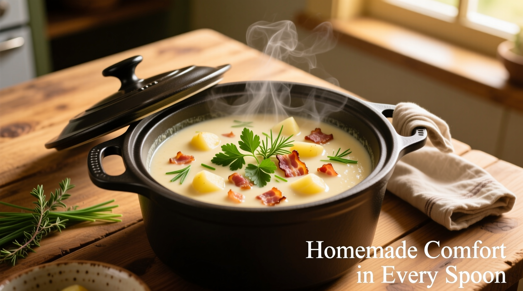 Creamy potato bacon soup in slow cooker with fresh herbs