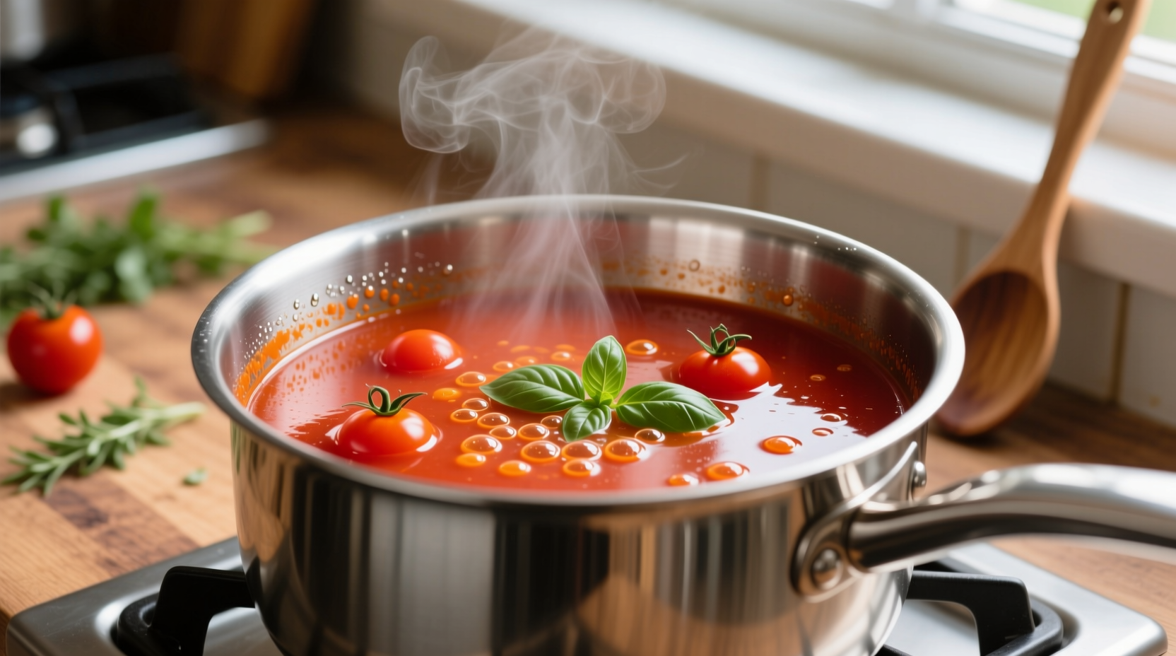 Fresh tomato broth simmering in stainless steel pot