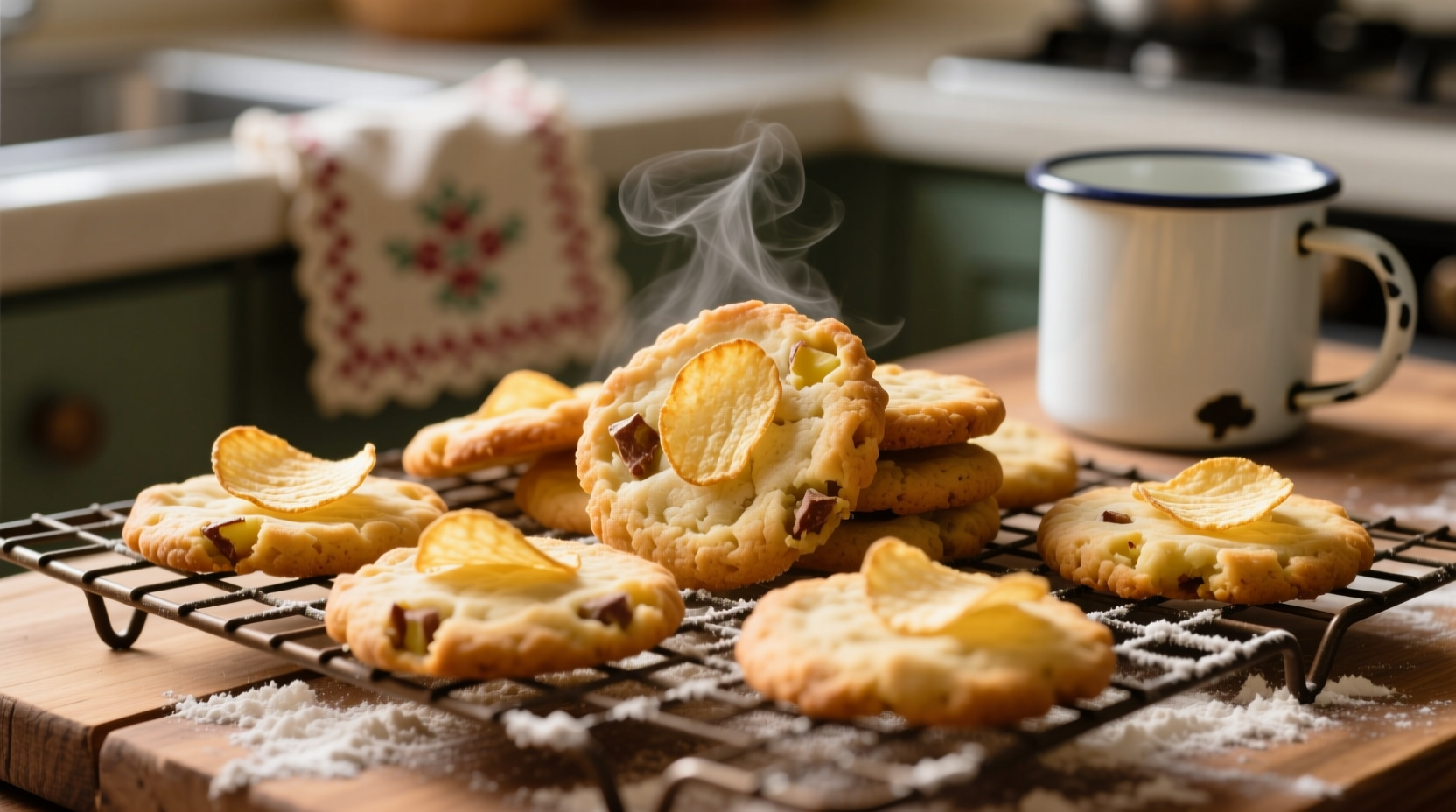 Homemade potato chip cookies on cooling rack