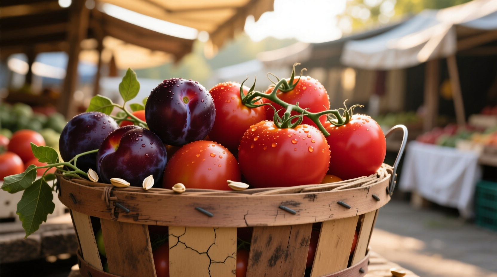 Plum tomatoes arranged in wooden market basket