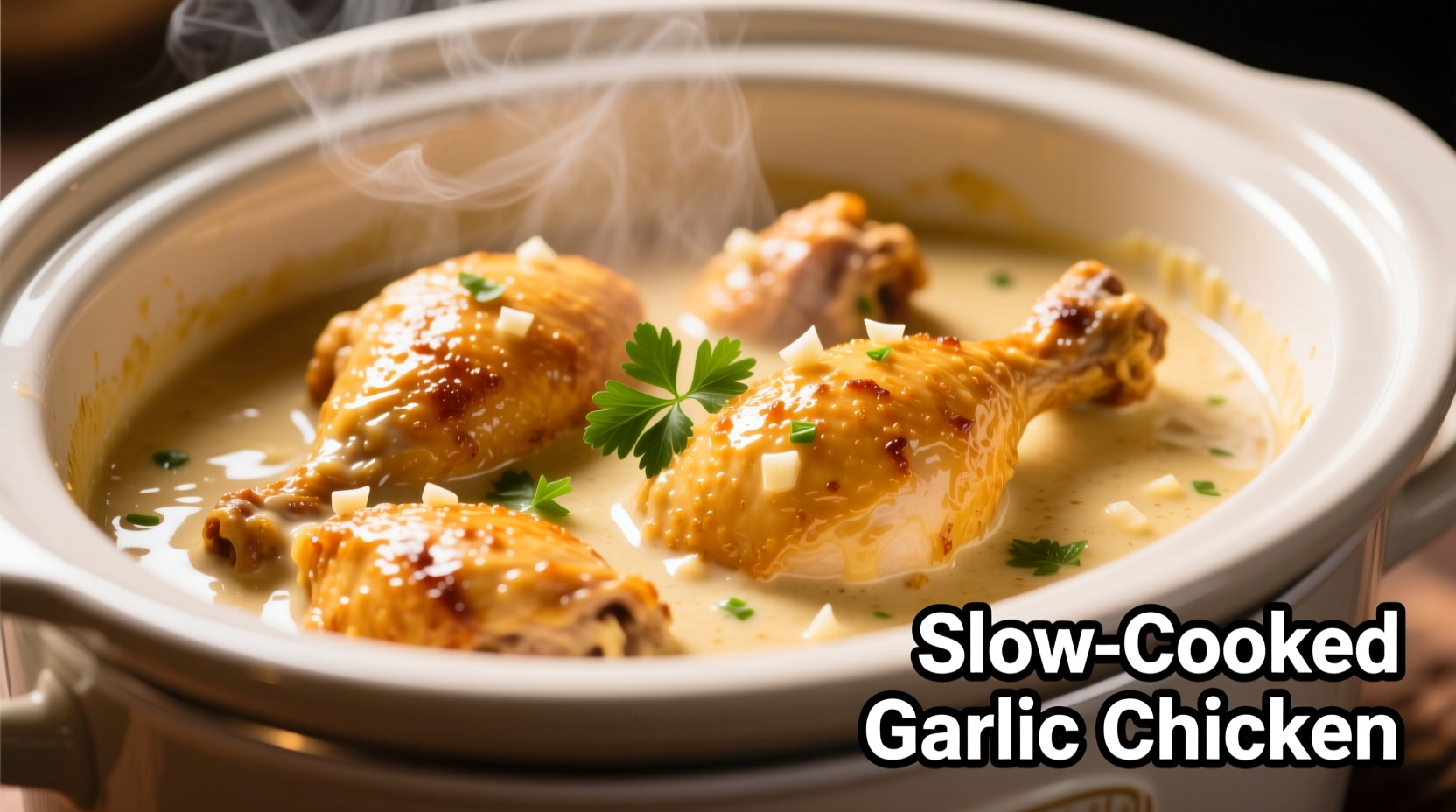 Slow cooker filled with golden chicken in creamy garlic sauce