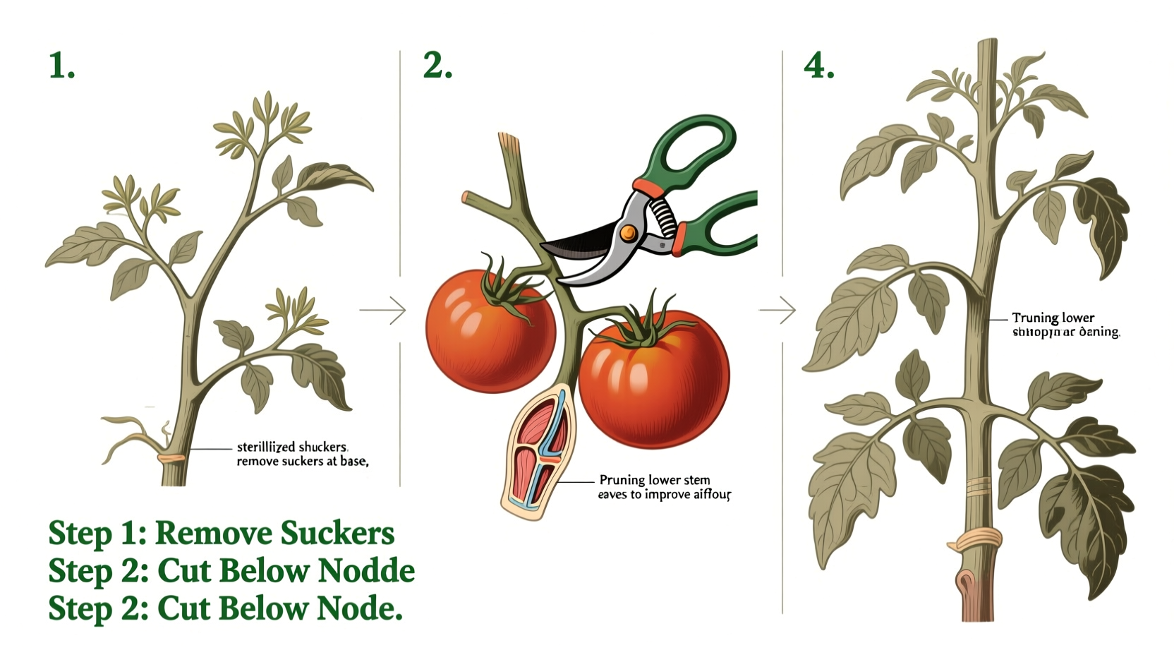 Step-by-step tomato pruning technique visual guide