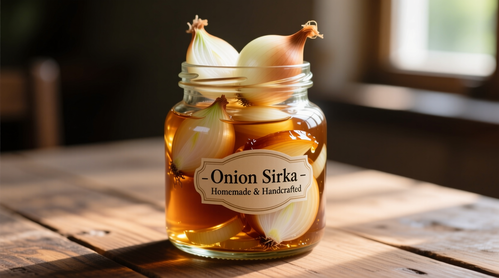 Homemade onion sirka in glass bottle with fresh onions