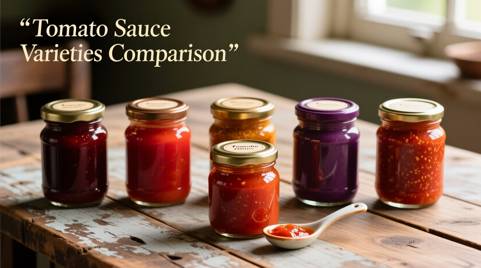 Tomato sauce varieties comparison on wooden table