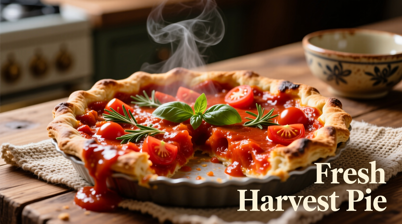 Fresh tomato pie with vibrant red sauce on golden crust