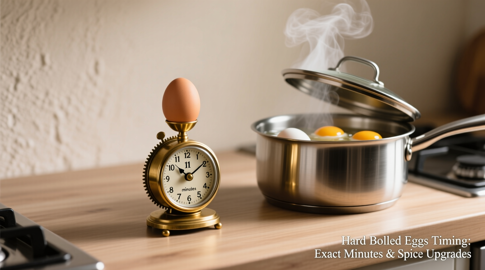 Egg timer set to 11 minutes next to pot of simmering eggs with steam rising