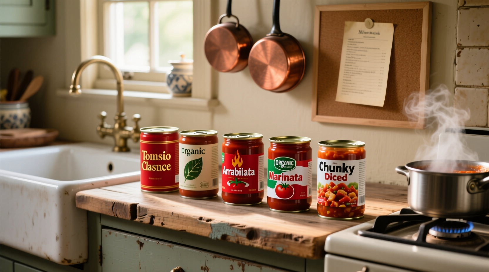 Canned tomato sauce varieties on kitchen counter